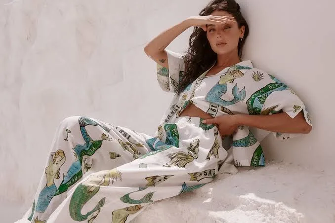 Model wearing a Sabbi printed shirt and pants